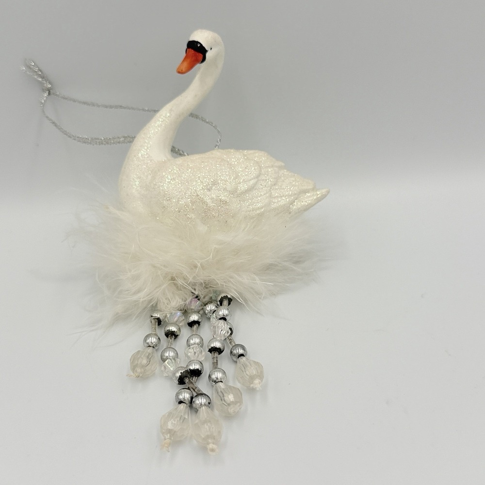 White Swan Christmas Ornament Glitter Feather Crystal Beaded Elegant 6" Hanging